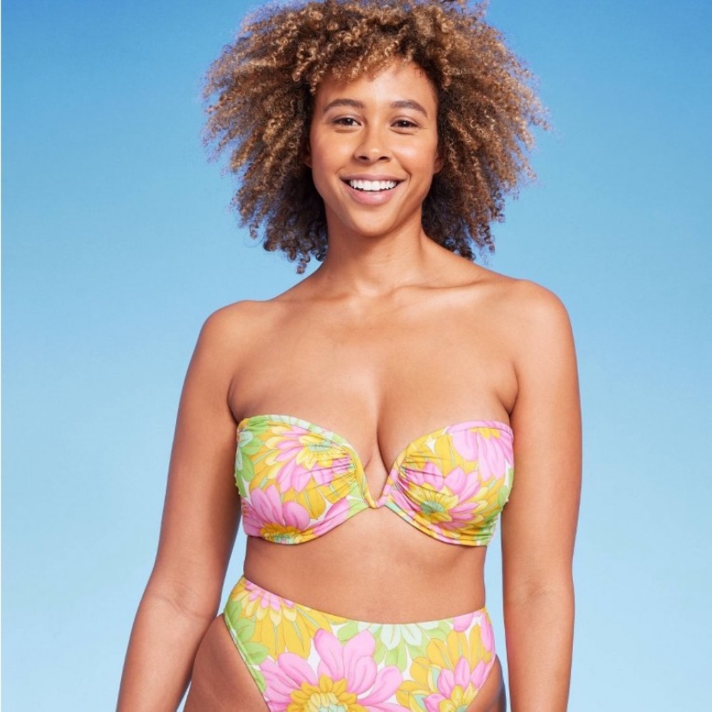 V-Wire Bandeau Halter Bikini Top - Shade & Shore Multi Floral Print  NWT